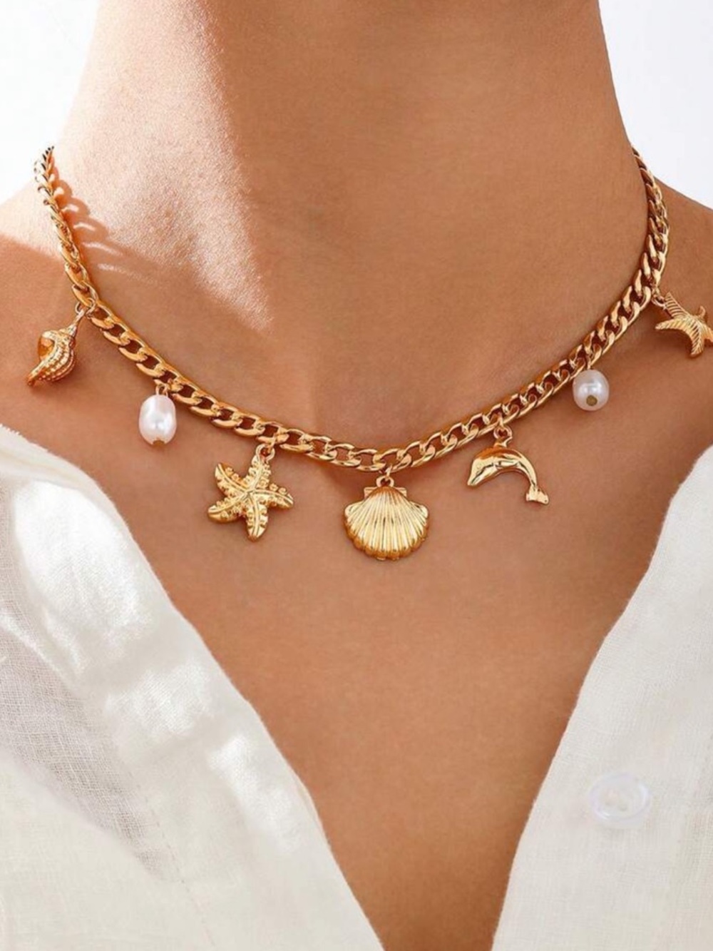 Gold Sea Charm Necklace with Pearls - Women Jewelry R 446